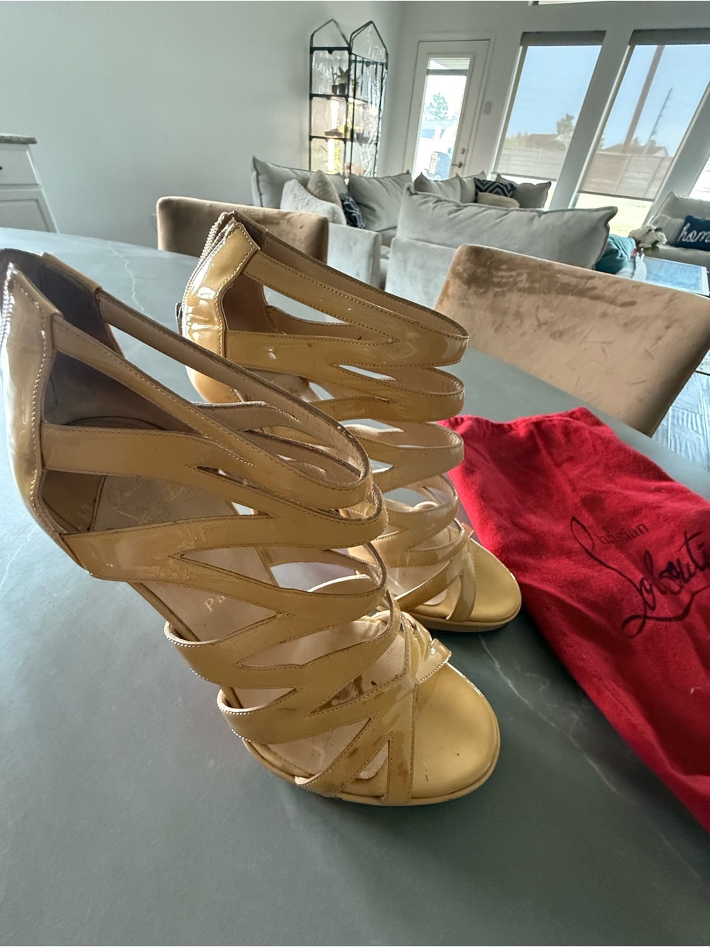 Christian Louboutin Nude Patent Strappy High Heels